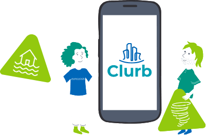 illustration of 2 people interacting with a giant smartphone with the Clurb app